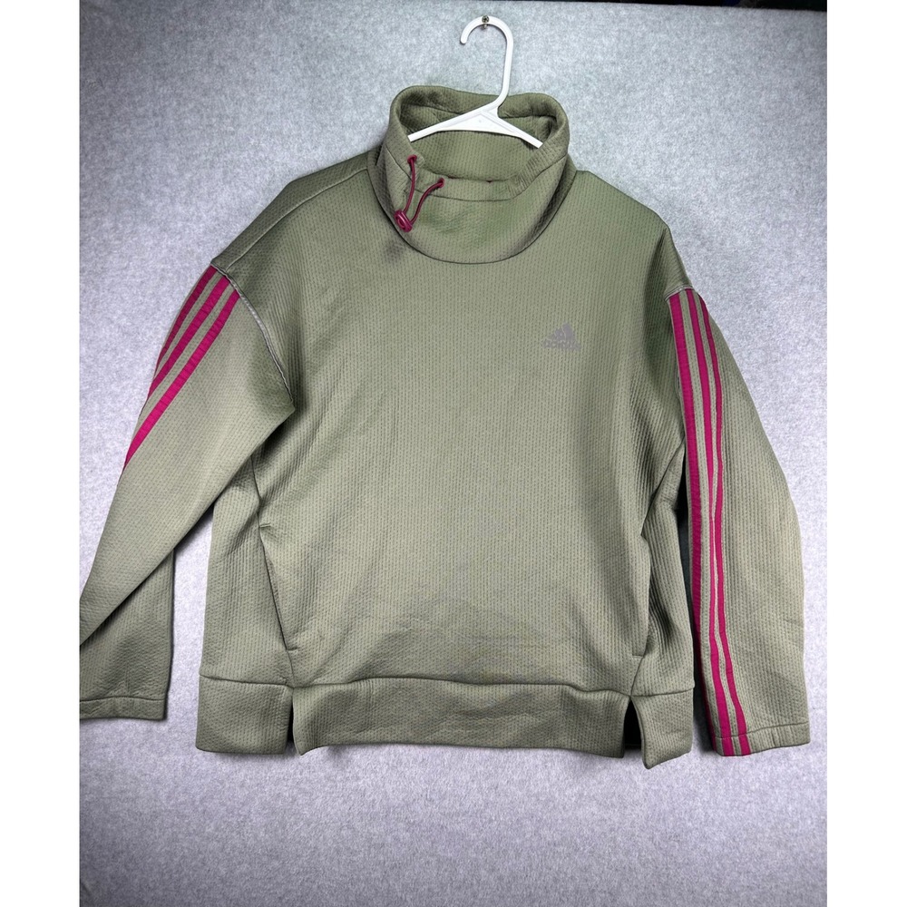 Stain*Adidas Women Olive Green Magenta Stripe Funnel Neck Waffle Knit Pullover M